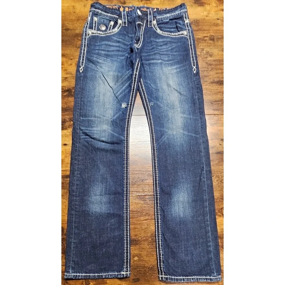 Rock Revival Jeans 34x35 Straight Dark Blue Premium Distressed Designer Denim